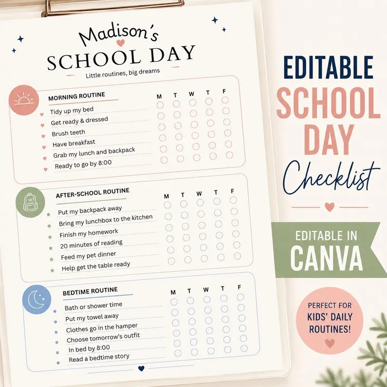 Editable Kids School Day Routine Checklist | CANVA Template | Morning After School Bedtime Routin... | Etsy (Global)