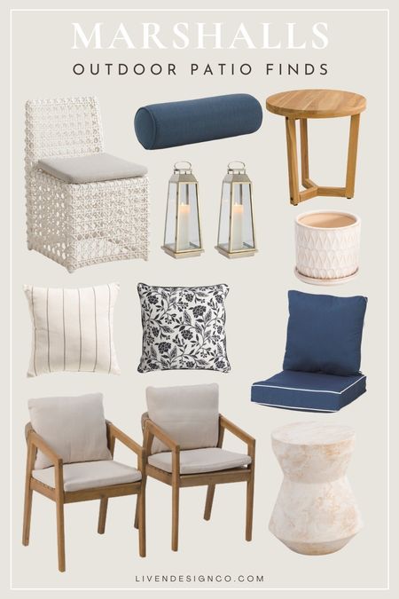 Marshalls outdoor patio decor. Patio furniture. Wicker Outdoor dining chair. Patio wood chairs with cushions. Outdoor cushions. Outdoor pillows. Outdoor pillows. Outdoor lanterns. Lumbar pillow. Outdoor accent side table. Stone patio table. 

#LTKSeasonal #LTKHome #LTKSaleAlert
