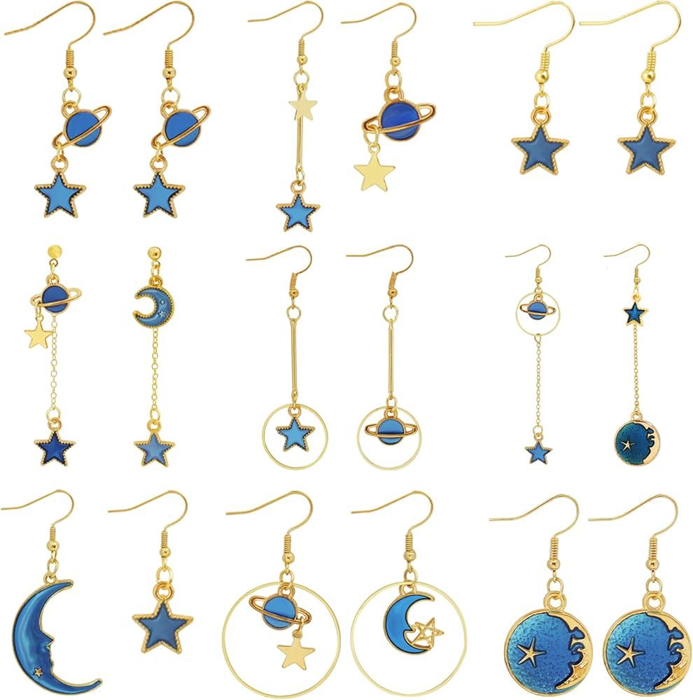Amazon.com: 9 Pairs Moon Earrings for Women Moon Star Earrings Planet Earrings Dainty Moon Drop D... | Amazon (US)