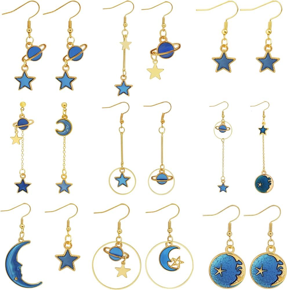 Amazon.com: 9 Pairs Moon Earrings for Women Moon Star Earrings Planet Earrings Dainty Moon Drop D... | Amazon (US)
