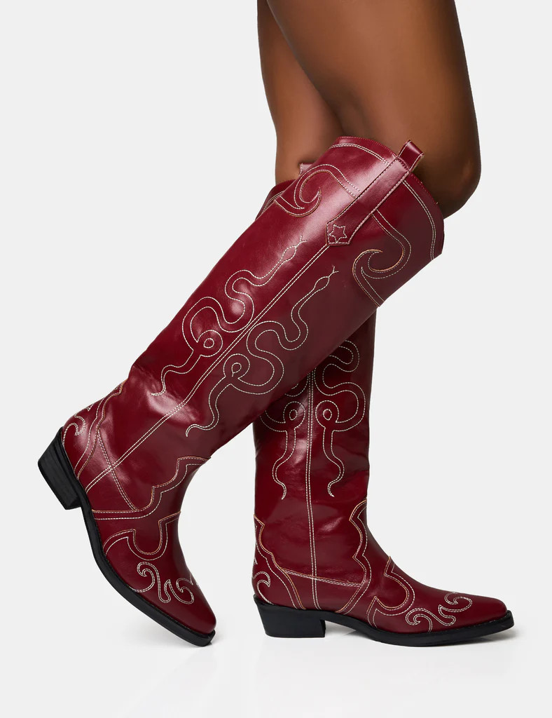 Serpentine Burgundy Wide Fit Snake Flat Knee High Western Boots | Public Desire