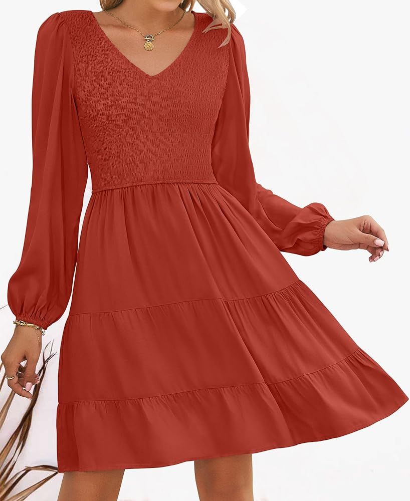 ZESICA Women's Casual V Neck Long Sleeve Smocked High Waist Ruffle A Line Tiered Mini Dress | Amazon (US)