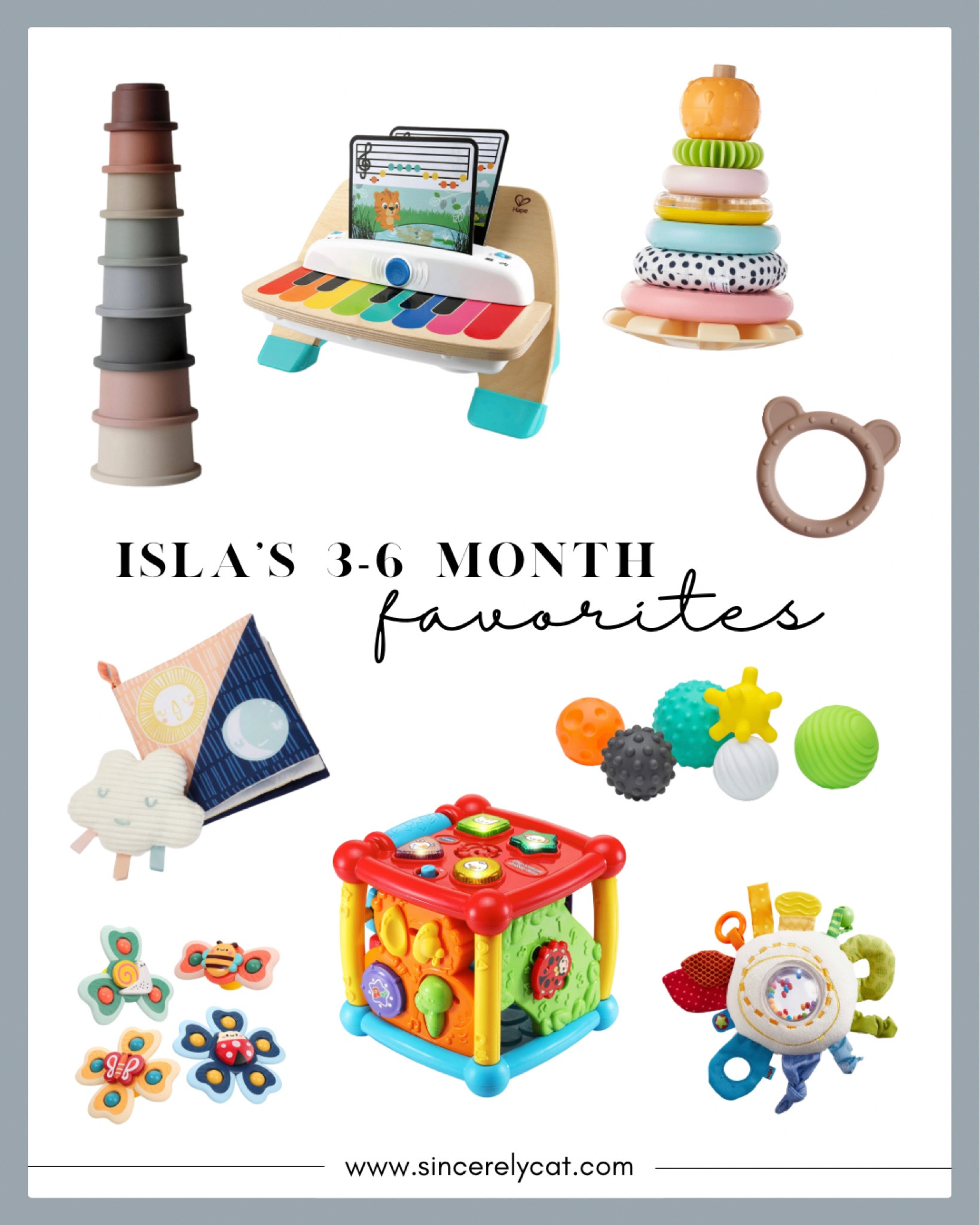 Round up of Isla’s 3-6 month favorites!

Still loves the spinning toys. The activity cube is highly recommended— helped her sit by herself in literal days! Big fan of crinkly soft books, stacking rings, anything that she can chew and this piano that actually sounds great!

#babygiftguide #babymusthaves #developmentaltoys #babytoys #3monthold #4monthold #5monthold #6monthold

#LTKGiftGuide #LTKunder100 #LTKbaby