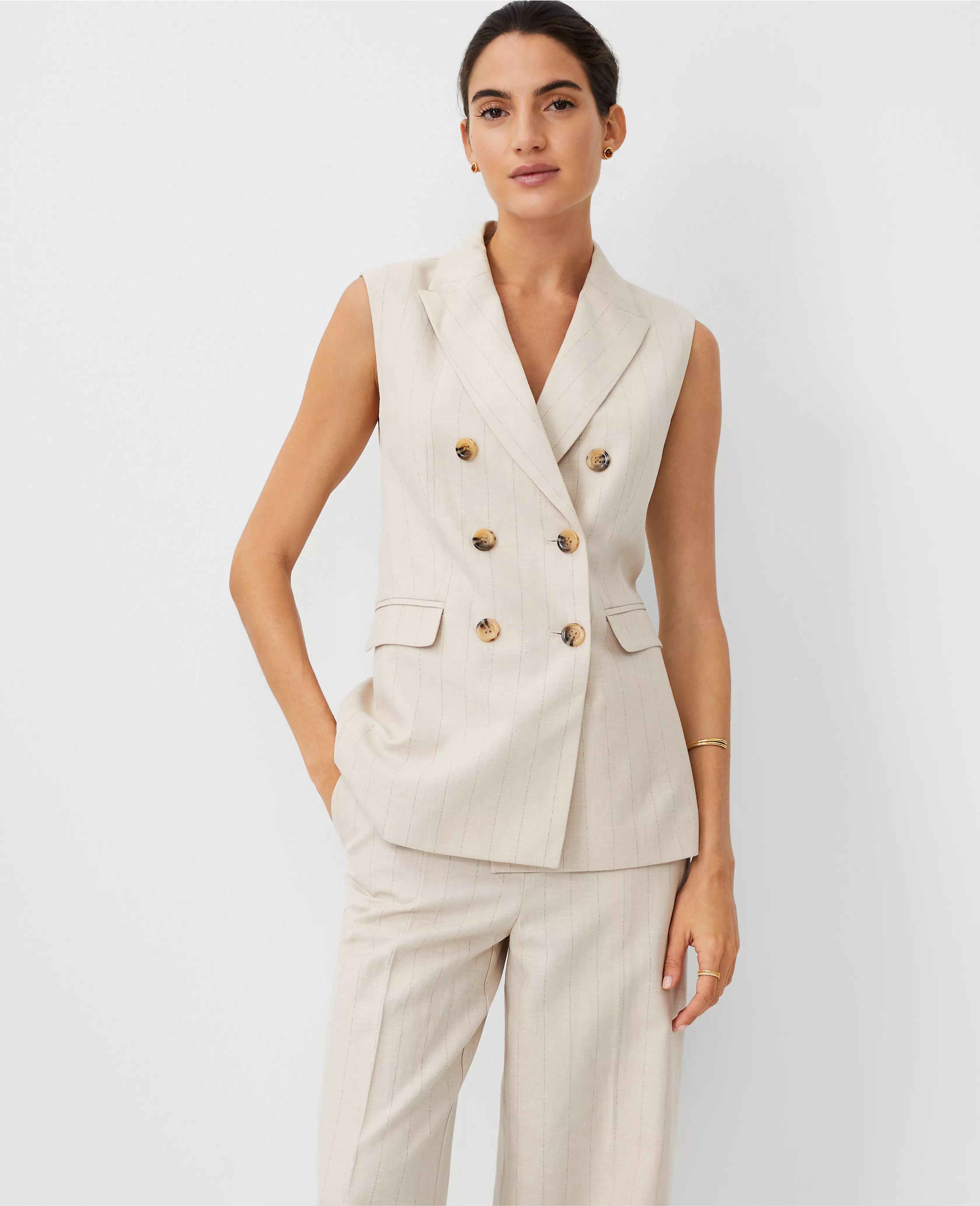 Petite Pinstripe Long Double Breasted Vest | Ann Taylor (US)