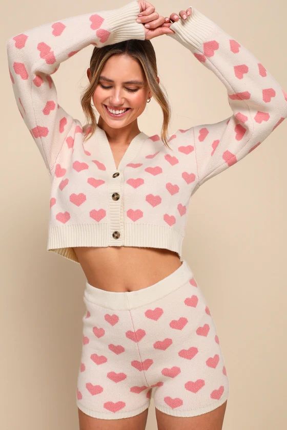 Loveable Babe Cream and Pink Heart Print V-Neck Cardigan Sweater | Lulus