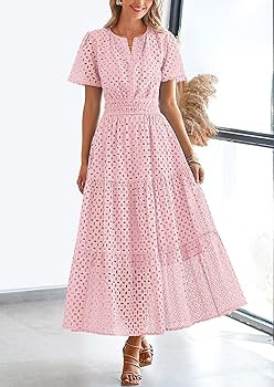 PRETTYGARDEN Womens 2025 Summer Maxi Dress Short Sleeve V Neck Hollow Out Eyelet A Line Long Flow... | Amazon (US)