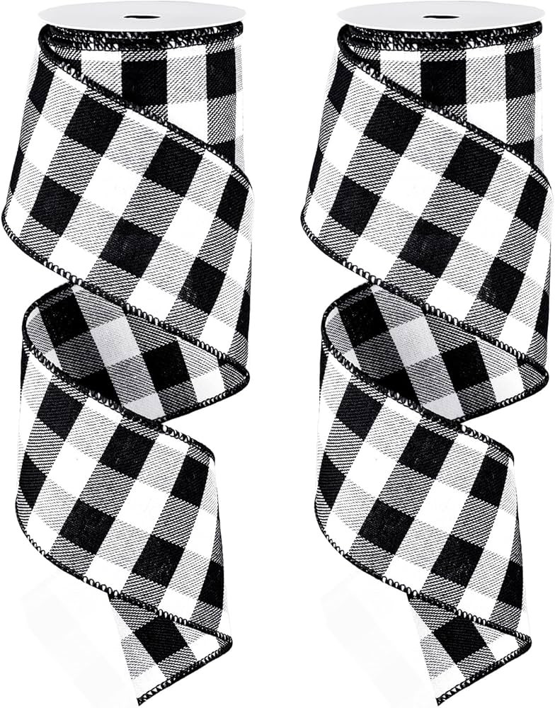 Whaline 2 Rolls Wired Edge Plaid Ribbon Christmas Buffalo Check Ribbon White Black Plaid Ribbon 2... | Amazon (US)