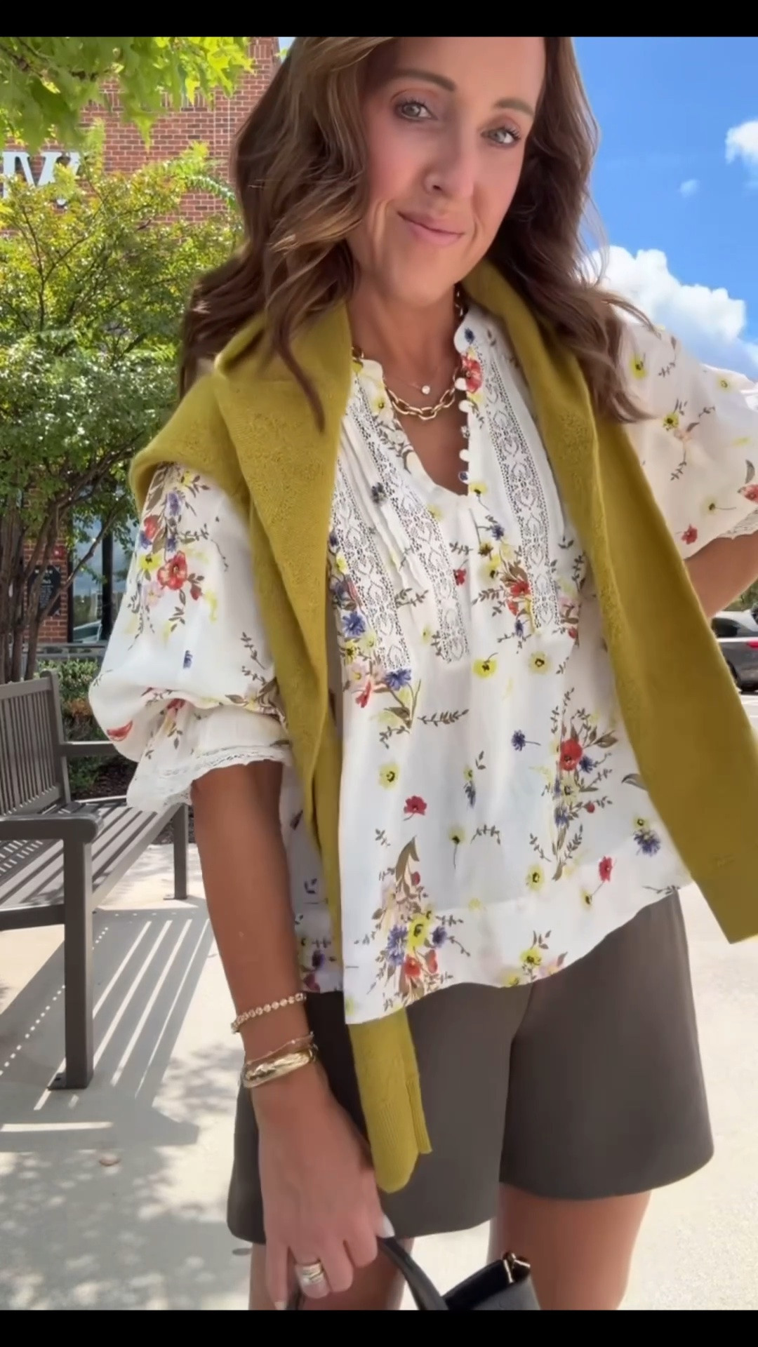 Mix of chartreuse, olive and floral! Early Fall outfit. Flowy lightweight blouse. 
Blouse XS. Sweater XS. Shorts XS.

#LTKootd #LTKSeasonal #LTKOver40