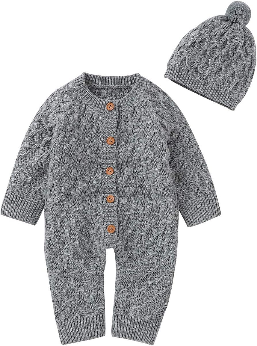 Hadetoto Newborn Baby Romper Knitted Sweater Long Sleeve Jumpsuit Outfits with Warm Hat | Amazon (US)