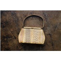1950's Snakeskin Handbag, Structured Top Handle Purse, Cream Leather Vintage Bag | Etsy (US)