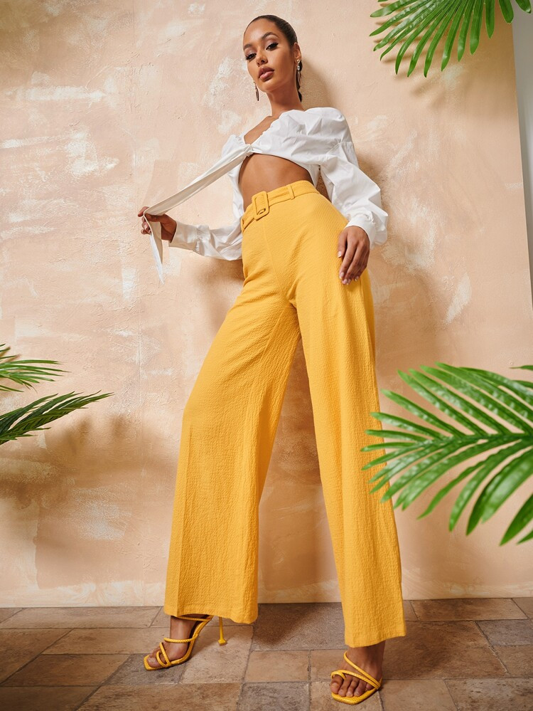 SHEIN Buckle Belted Solid Palazzo Pants | SHEIN