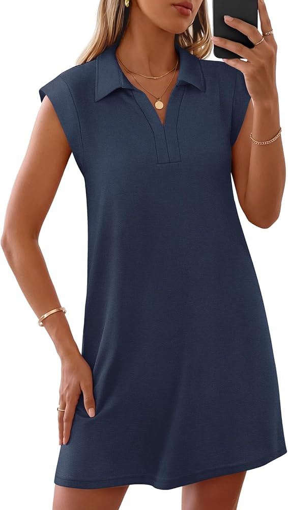 MEROKEETY Women's 2026 Summer Short Sleeve Mini Dress Casual Collared V Neck Loose T Shirt Dresse... | Amazon (US)