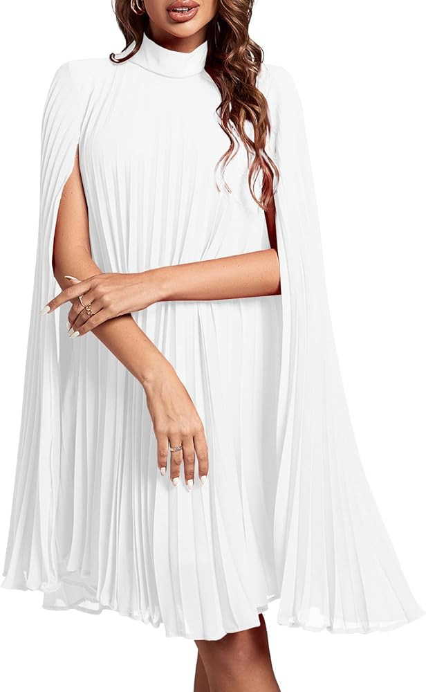 Rooscier Women's Mock Neck Cloak Sleeve Pleated Keyhole Back Flowy Party Midi Dress | Amazon (US)
