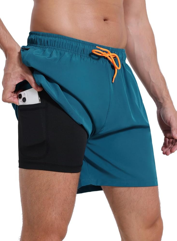 Mens Swim Trunks with Compression Liner Quick Dry Beach Shorts with Zipper Pockets | Amazon (US)