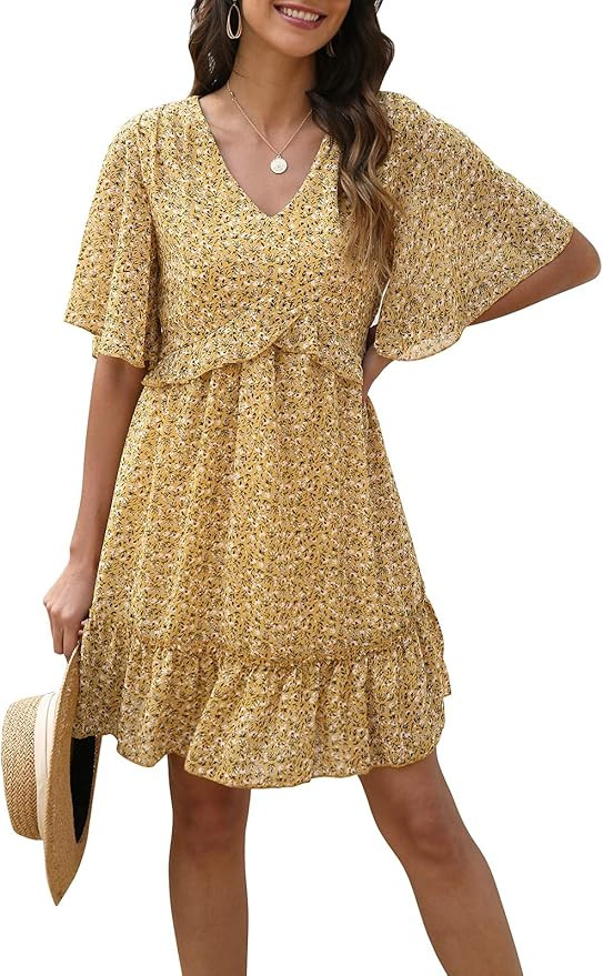 Manydress Women's Summer Floral Print V Neck Casual Mini Boho Ruffle Swing Dress MY068 | Amazon (US)
