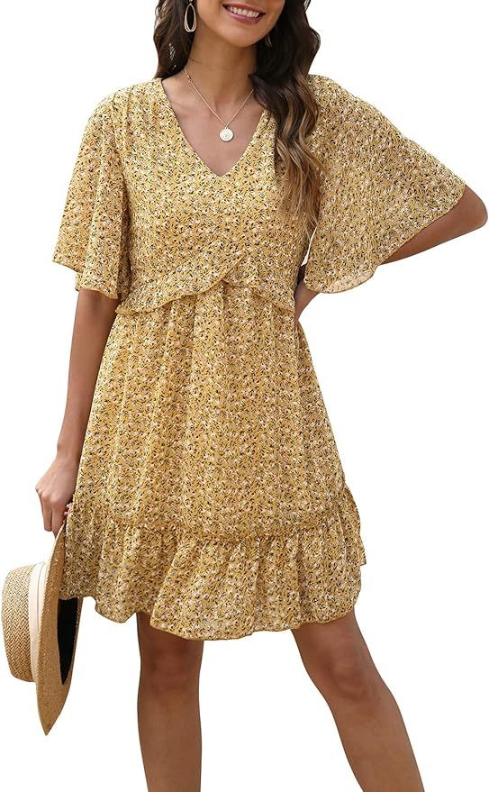 Manydress Women's Summer Floral Print V Neck Casual Mini Boho Ruffle Swing Dress MY068 | Amazon (US)