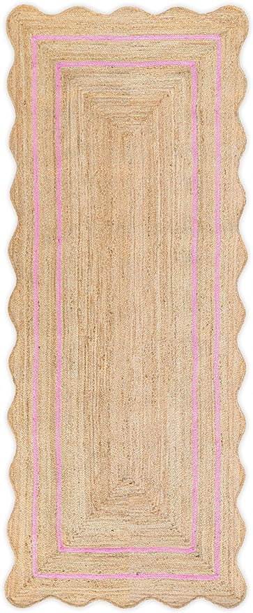Wave Scalloped Natural Jute Rug - Boho Entryway Runner, Farmhouse Scallop, Light Pink (2'x6') | Amazon (US)
