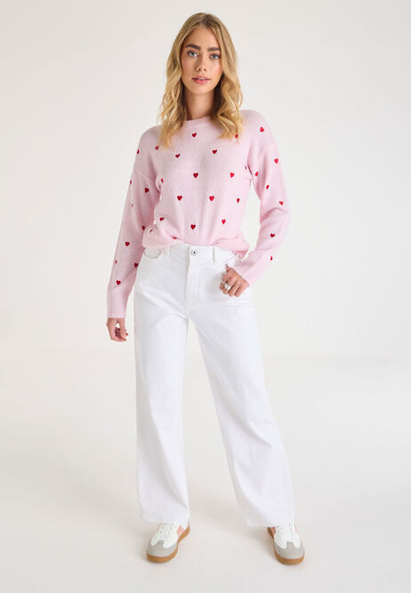 Womens Pink & Red Heart Print Knitted Jumper | Peacocks