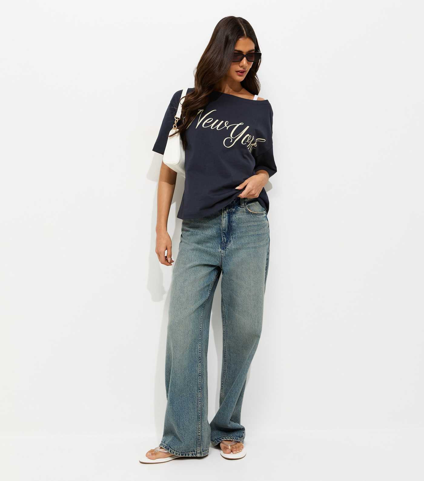 Navy New York Off The Shoulder T-Shirt | New Look | New Look (UK)