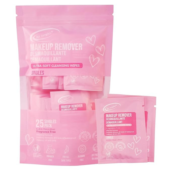 Air Jungles Pink Micellar Makeup Remover Wipes - 25ct Individually Wrapped Travel Size Facial Cle... | Amazon (US)