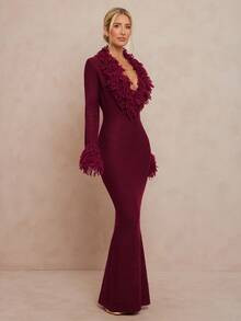 Lumalex Winter Fall V-Neck Long Shaggy Flare Sleeve Bodycon Maxi Sweater Dress For Women Burgundy... | SHEIN