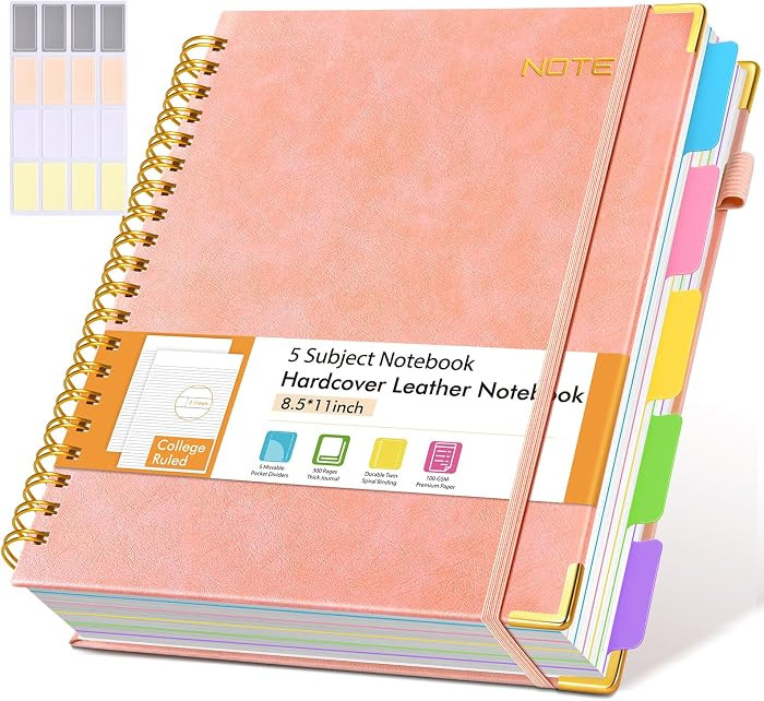 Hardcover Large Spiral Notebook 8.5" x 11" with Removable Dividers Tabs, 300 pages Leather 5 Subj... | Amazon (US)