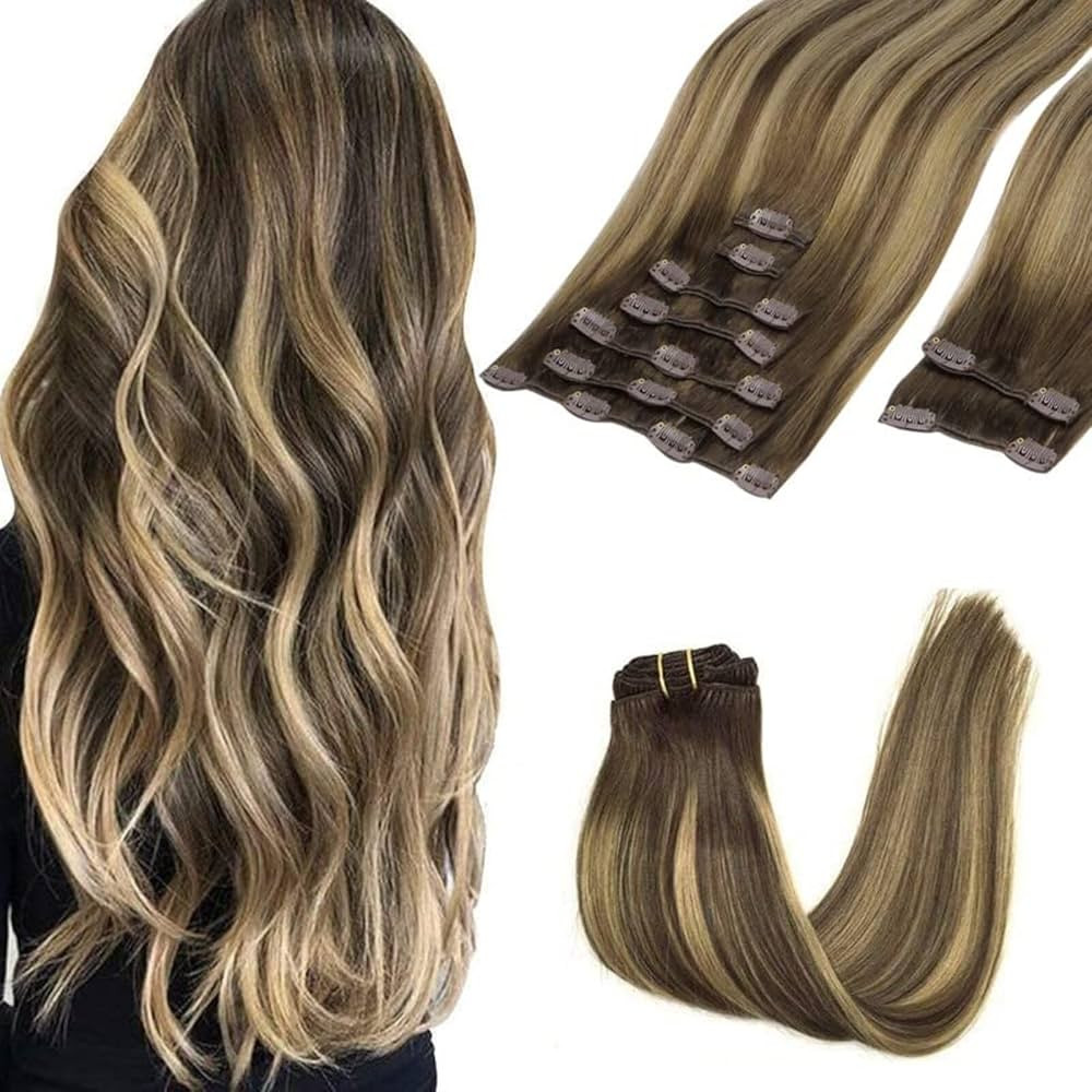 GOO GOO Clip in Hair Extensions Human Hair, 18inch 150g 9Pcs, #4/27/4 Balayage Chocolate Brown to... | Amazon (CA)