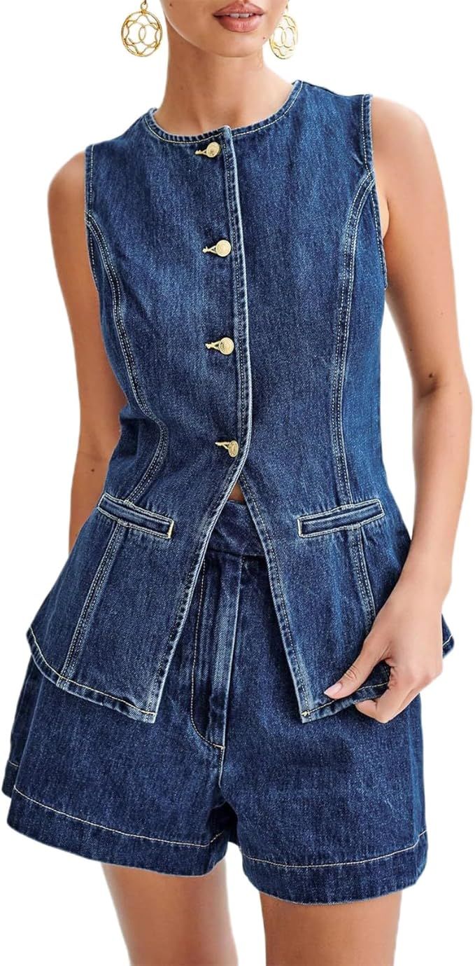 FOMOYUU Women'S Denim Long Vest Tops Crew Neck Front Button Slit Slim Denim Waistcoat Sleeveless ... | Amazon (US)