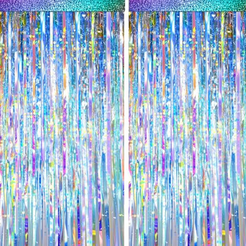 2 Packs Iridescent Foil Fringe Curtain, Neon Transparent Holographic Tinsel Backdrop for Birthday, Wedding, Baby Shower, Mermaid, Euphoria, Iridescent Party Decorations Supplies | Amazon (US)