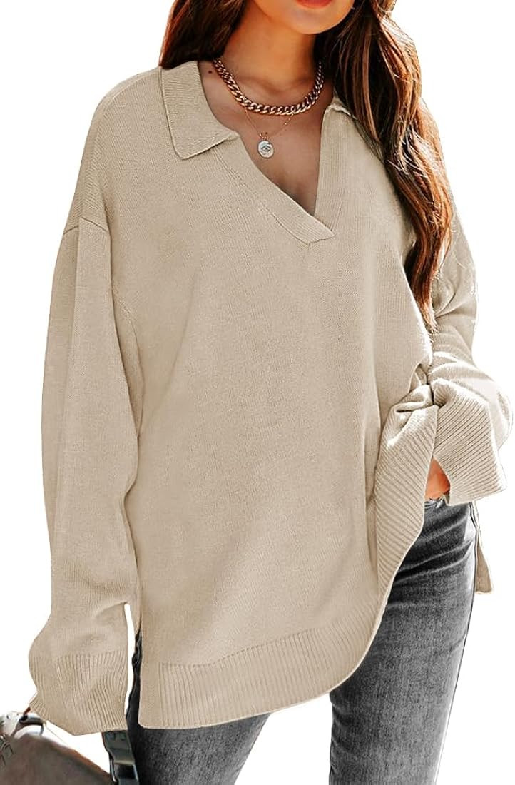 LILLUSORY Oversized Sweaters for Women 2024 Fall Trendy Sexy V Neck Collared Tunic Chunky Knit Sw... | Amazon (US)