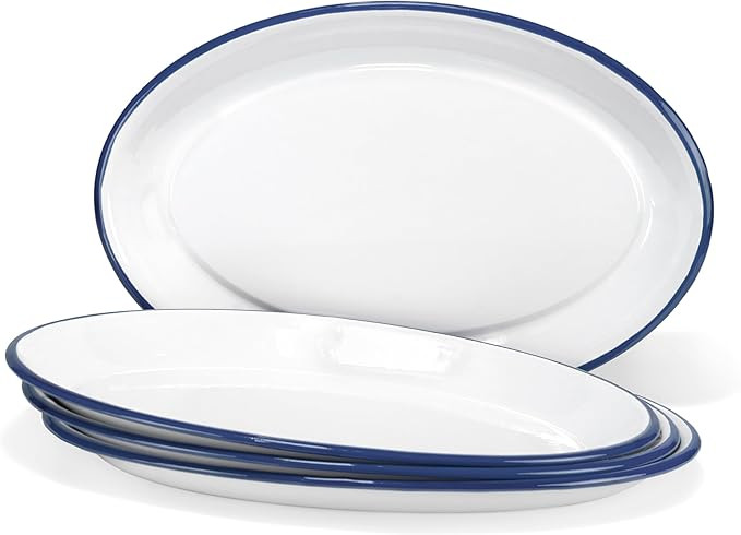 Red Co. Set of 4 Enamelware Metal Classic 13" Serving Oval Tray Platter, Solid White/Navy Blue Ri... | Amazon (US)