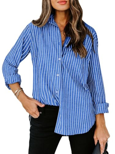 siliteelon Womens Button Down Shirts Cotton Striped Dress Shirt Long Sleeve Collared Office Work ... | Amazon (US)