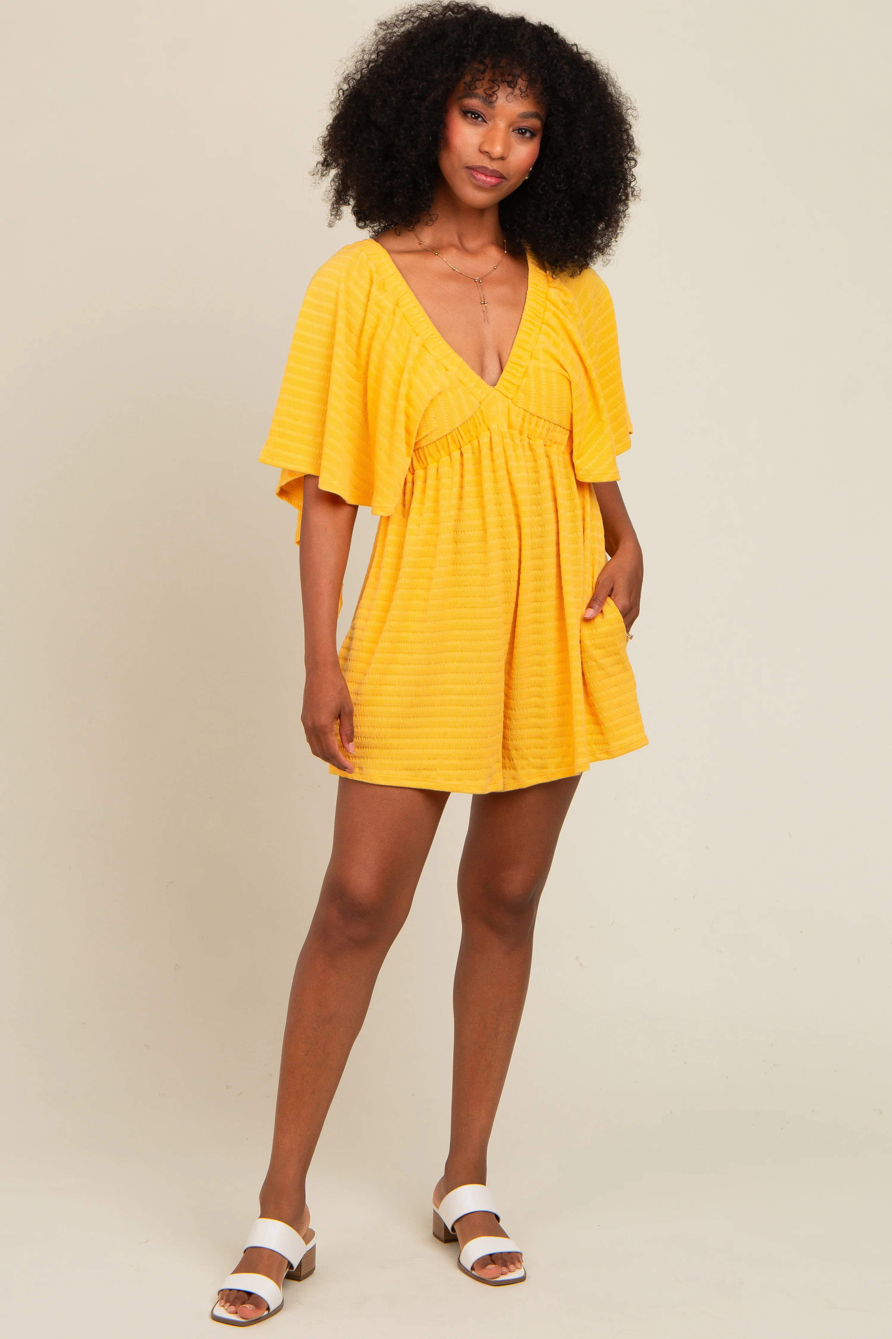 Yellow Textured Open Back Romper | PinkBlush Maternity