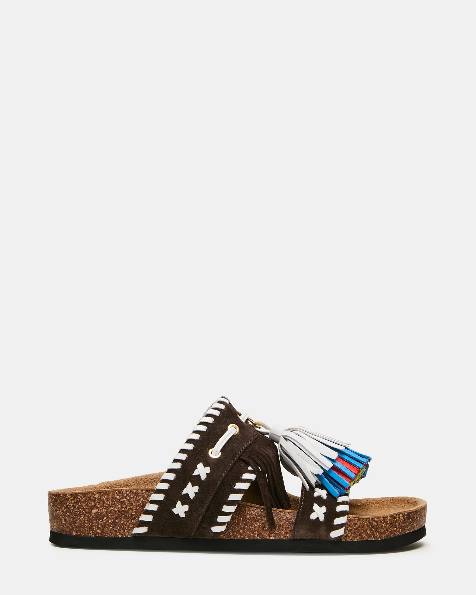 LESTER Brown Multi Footbed Slide Tassel Fringe Women's Sandal | Steve Madden (US)