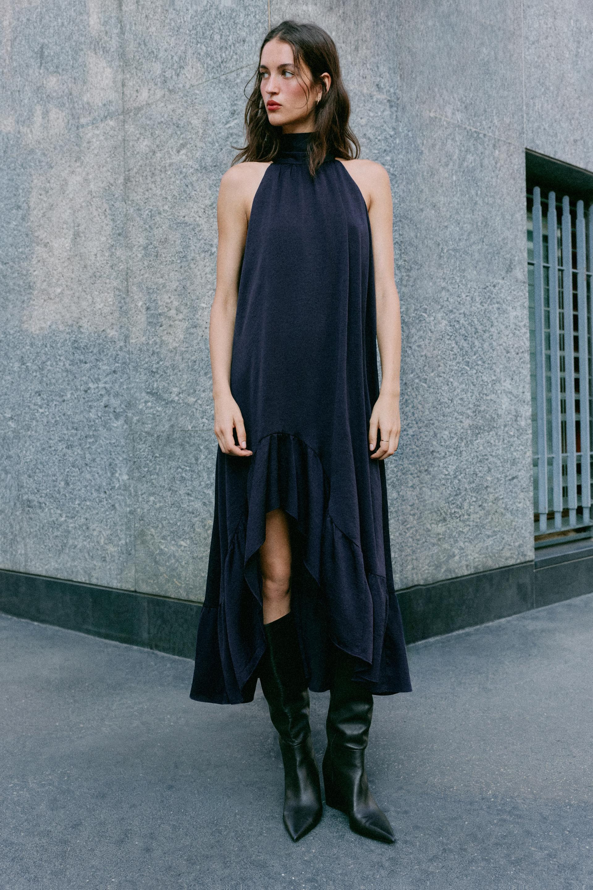 Zara - Halter Midi Dress With Ruffle Hem - Navy Blue - Xs - Woman | Zara US