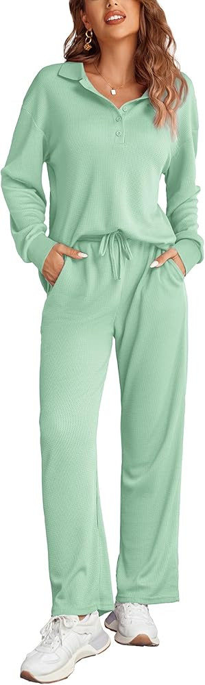 Ekouaer Womens 2 Piece Matching Lounge Sets Fall Outfits 2025 Sweatsuit Waffle Knit Pajamas Sets ... | Amazon (US)
