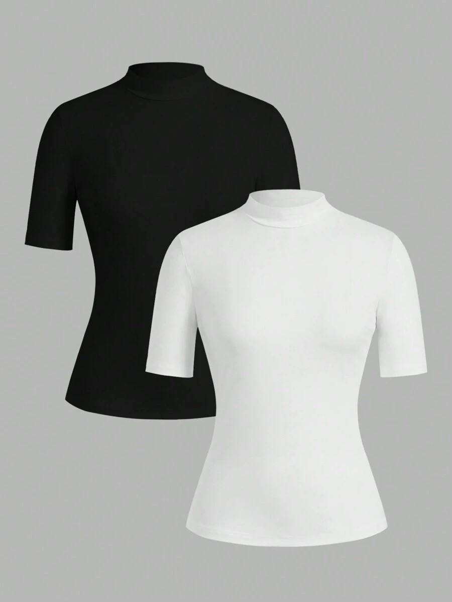 SHEIN EZwear 2pcs/Set Plus Size Women Casual High Collar Black & White Short Sleeve T-Shirt, Suit... | SHEIN