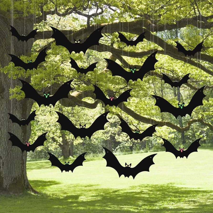 (18 Pcs) Hanging Bats Halloween Decoration Outside, Large Flying Plastic Bats Outdoor Decor, 3 Di... | Amazon (US)