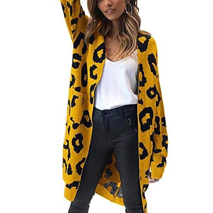 MOLFROA Womens Leopard Printed Long Sleeve Open Front Knit Pocket Long Sweater Cardigans | Amazon (US)