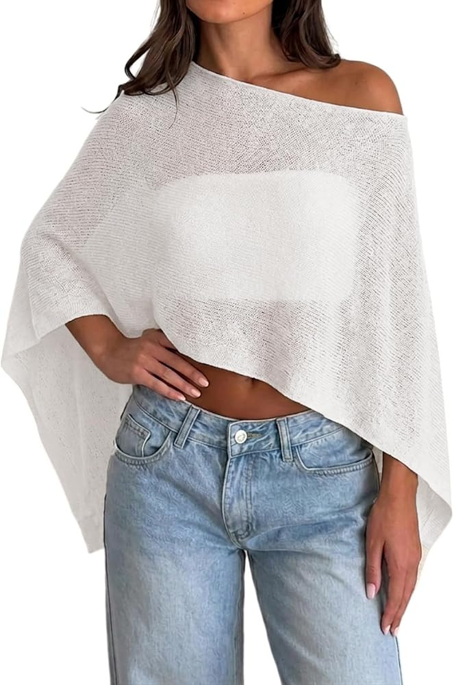 Womens Sheer Poncho Top Y2k Knitted Summer Asymmetrical Mesh Shawl Pullover Sweater Cover Up Tops | Amazon (US)