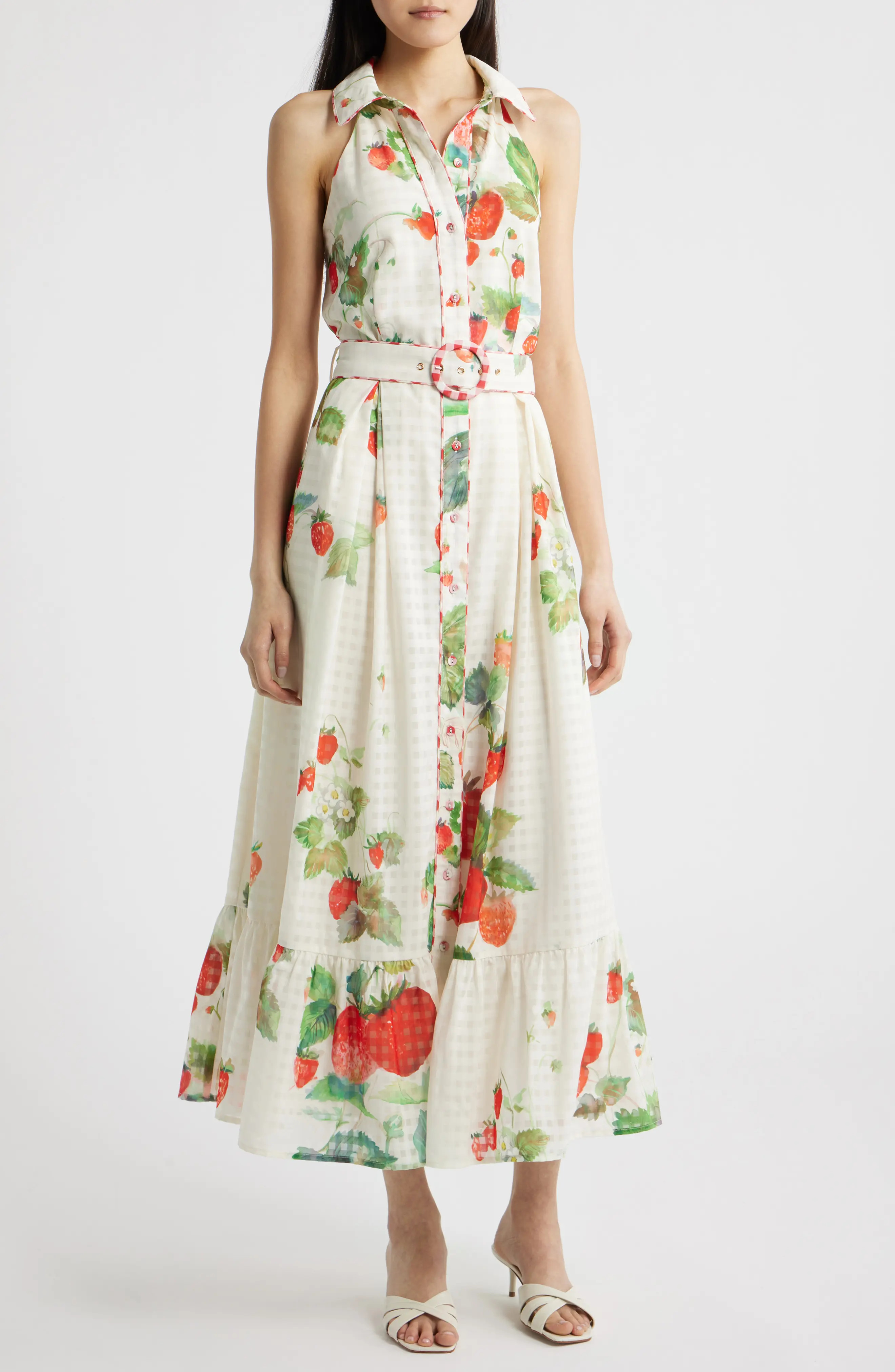 CIEBON Katerina Strawberry Print Sleeveless Shirtdress in Off White Multi at Nordstrom, Size Medium | Nordstrom
