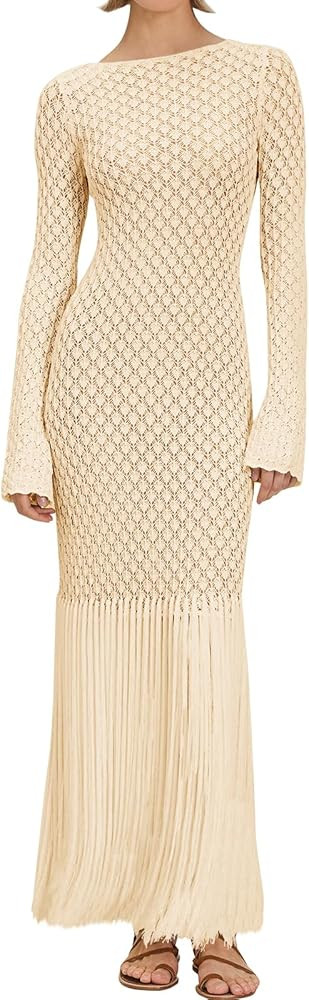 Fisoew Women's Swimsuit Crochet Cover Ups Summer Long Sleeve Tie Back Fringe Hem Beach Vacation C... | Amazon (US)