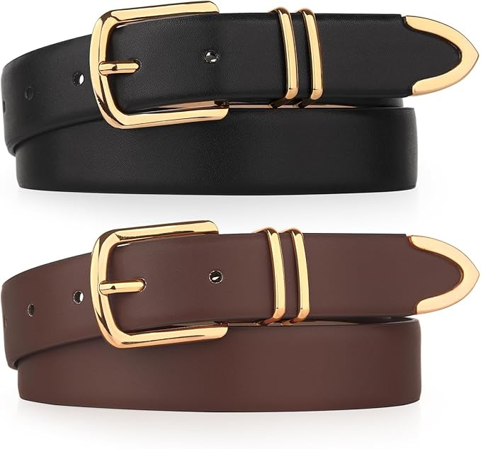 Monoluxe Pack 2 Women Belts for Ladies Jeans Pants with Fashion Faux Leather Gold Buckle | Amazon (US)