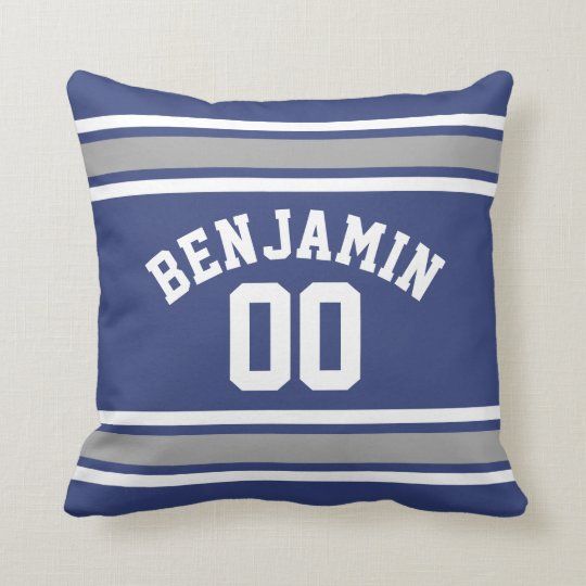 Blue and Silver Sports Jersey Custom Name Number Throw Pillow | Zazzle.com | Zazzle