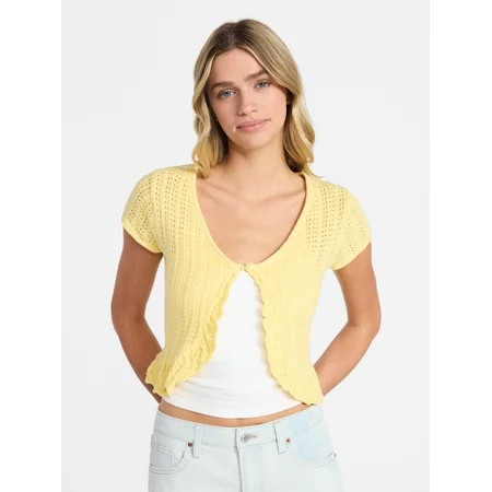 No Boundaries V-Neck Pointelle Cardigan with Short Sleeves Women s XXS-XXL | Walmart (US)