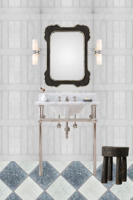 Bathroom design 

Wall mirror, pedestal sink, bathroom stool, wooden stool
