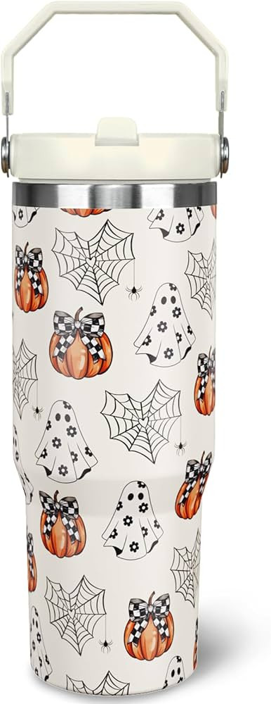 30 oz Halloween Tumbler with Lid and Straw, Ghost Pumpkin Bow Tumbler Insulated Coffee Travel Mug... | Amazon (US)