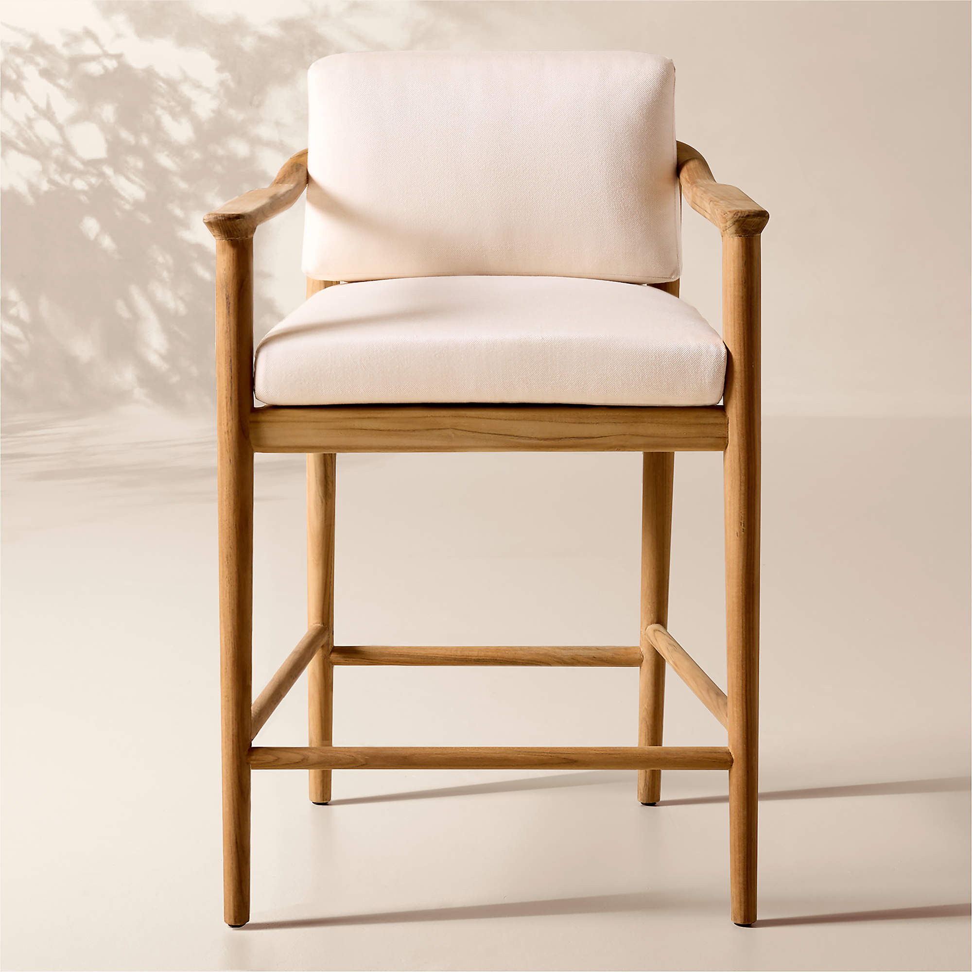 Tide Teak Outdoor Counter Stool With Ivory Sunbrella Cushion | CB2 | CB2