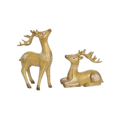Resin 10.5 in. Brown Christmas Holiday Floral Reindeer Decor Set of 2 | Wayfair North America