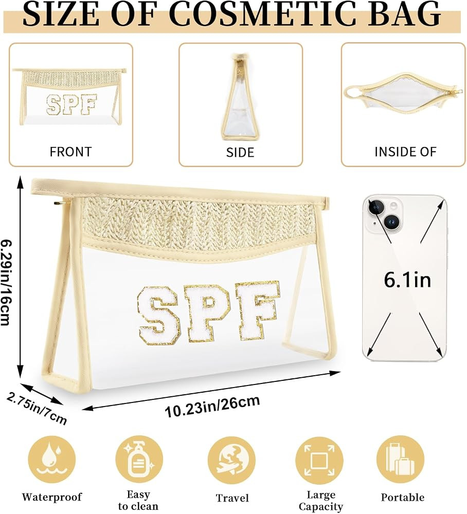 Amazon.com: Small Boho Straw Clear Spf Makeup Bags for Women&Girls, Zipper Cosmetic Bag Chenille ... | Amazon (US)